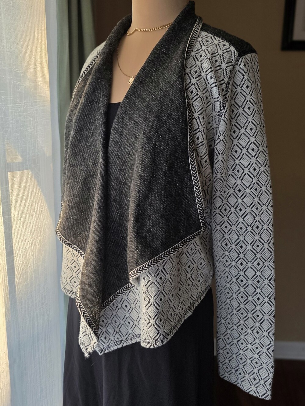 Tribal Jeans Black White Geometric Draped Waterfall Open Cardigan Sweater Med